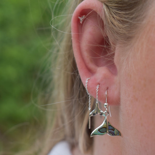 whale tail earrings, abalone earrings, paua shell earrings, abalone jewellery, paua shell jewellery, ocean jewellery, silver earrings, marine biology gifts